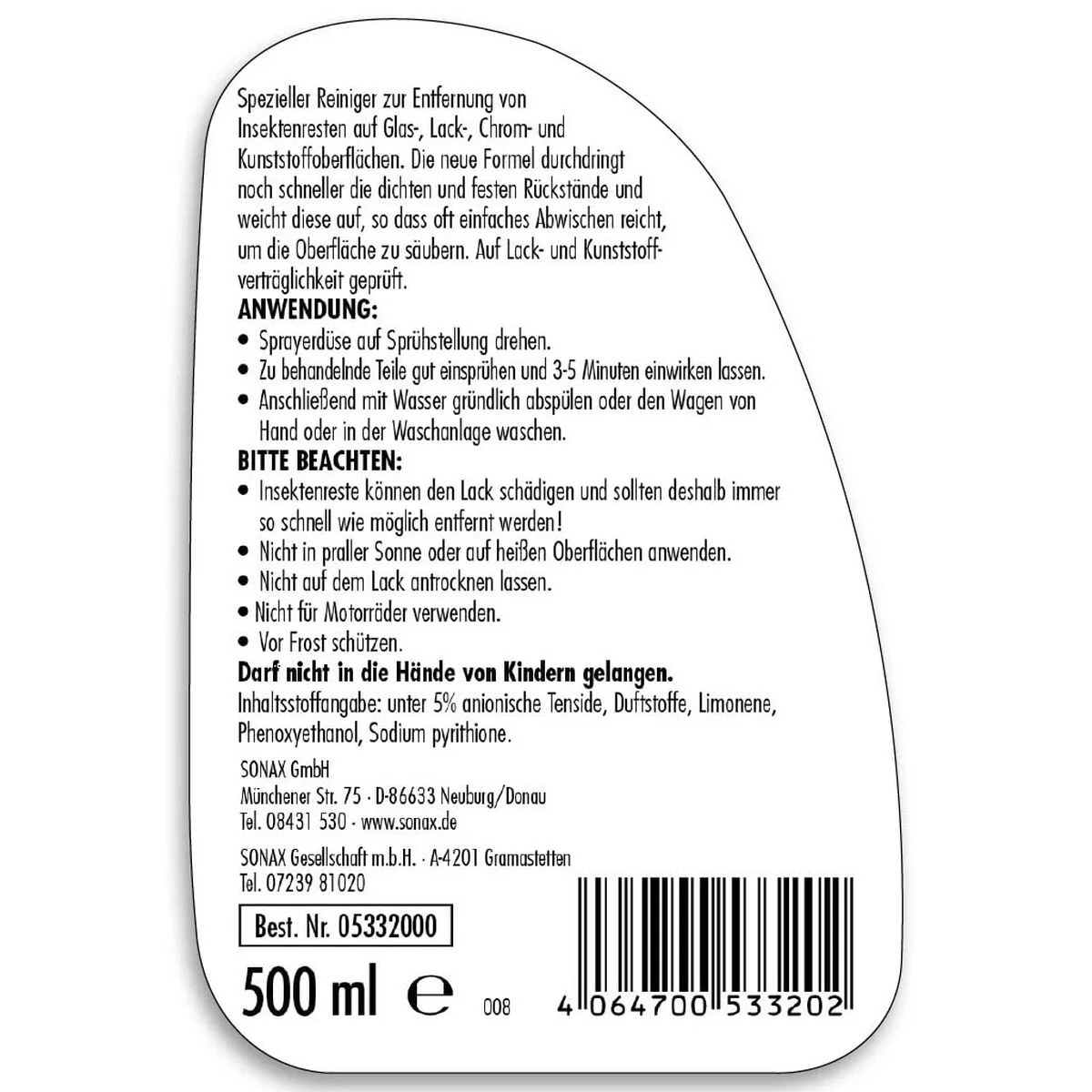 Nettoyant pour insectes sonax sx05332000 500 ml s3711715434. Diaytar opère une veille constante pour vous offrir l'élite des produits généraux, électroniques et maison.
